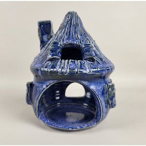 Cobalt Blue Glazed Art Pottery Fairy Cottage Tealight Candle Holder Artist Marke